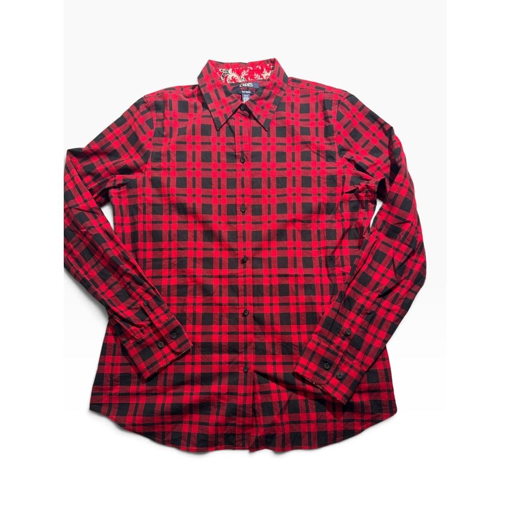 Chaps Womens Red Black Plaid No Iron Button Down Shirt Long Sleeve Size Medium